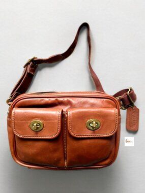 Vintage Coach British Tan Leather S-XS Double Pocket Turnlock Waist Pack 0516